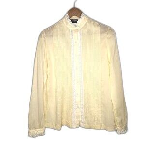 Vintage 80s Panther Yellow High Neck Blouse Long Sleeve Lace Pintucking M